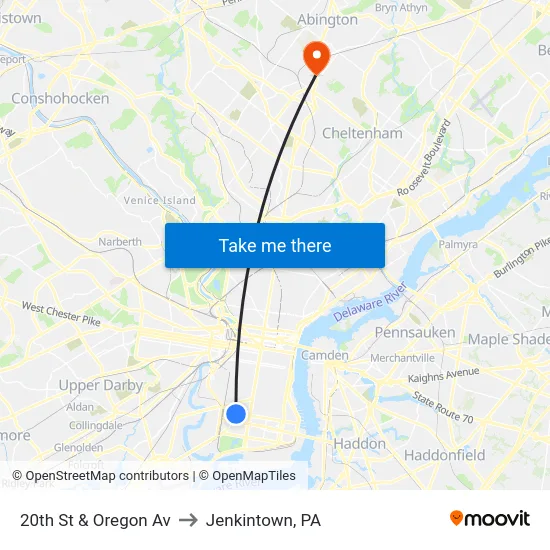 20th St & Oregon Av to Jenkintown, PA map