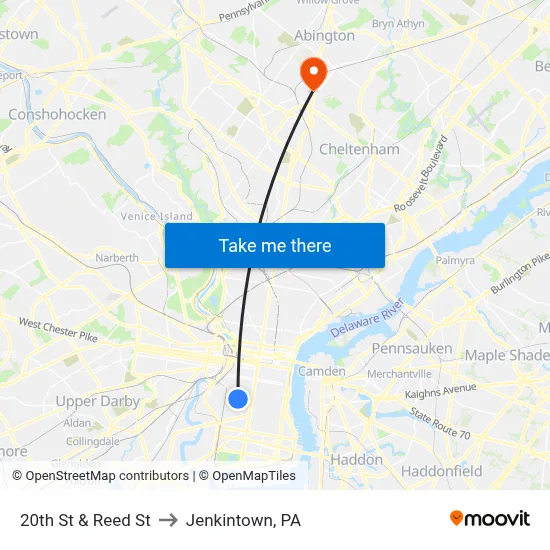20th St & Reed St to Jenkintown, PA map
