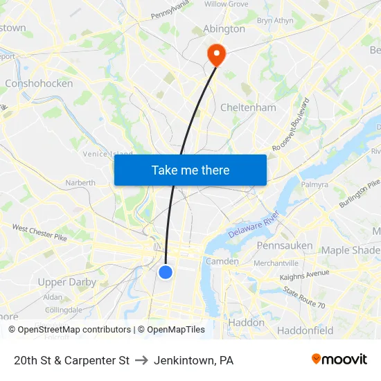 20th St & Carpenter St to Jenkintown, PA map