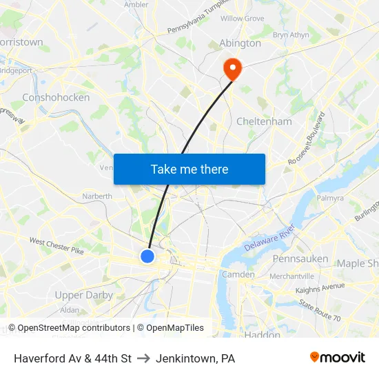 Haverford Av & 44th St to Jenkintown, PA map