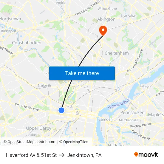 Haverford Av & 51st St to Jenkintown, PA map