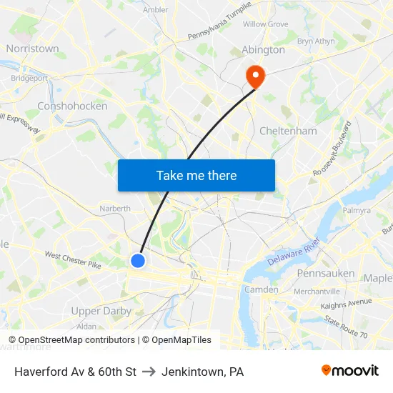 Haverford Av & 60th St to Jenkintown, PA map