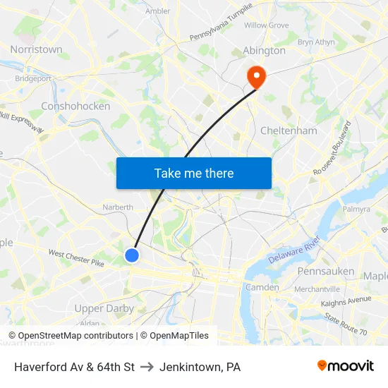 Haverford Av & 64th St to Jenkintown, PA map