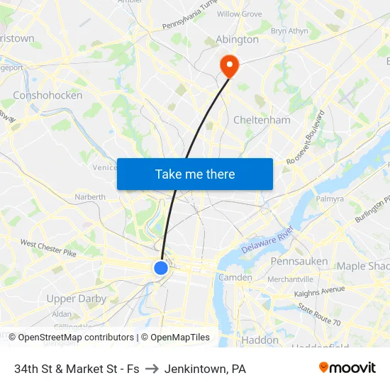 34th St & Market St - Fs to Jenkintown, PA map