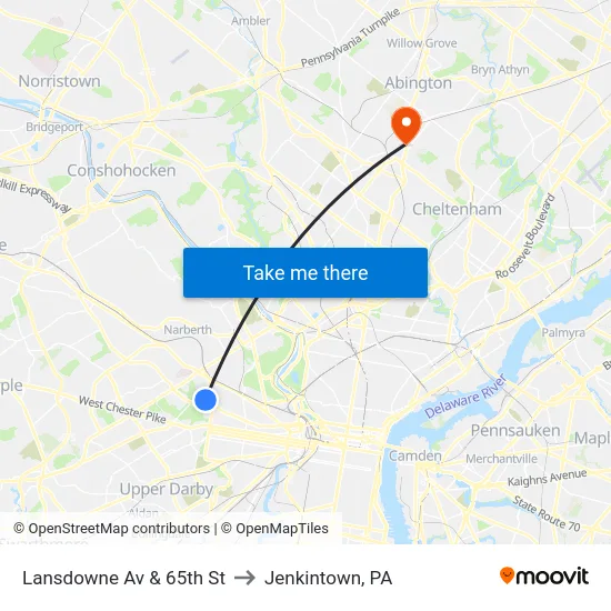 Lansdowne Av & 65th St to Jenkintown, PA map