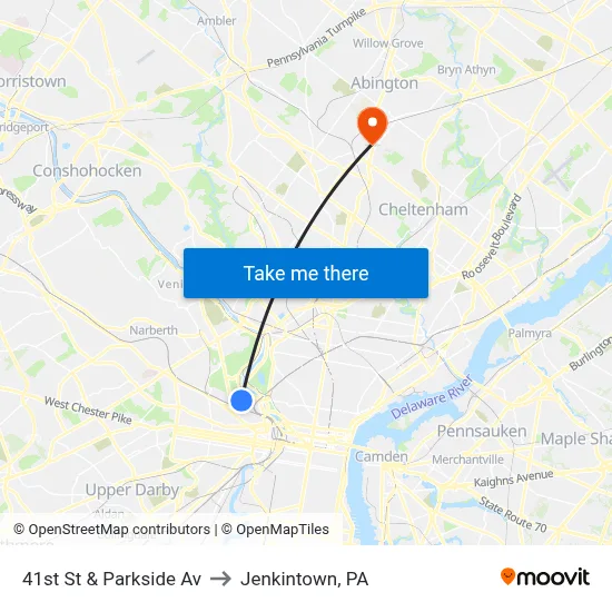41st St & Parkside Av to Jenkintown, PA map