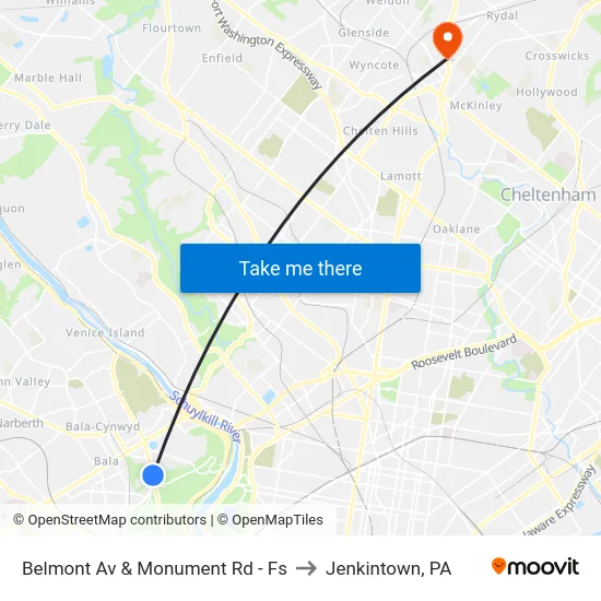 Belmont Av & Monument Rd - Fs to Jenkintown, PA map