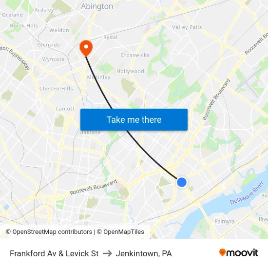 Frankford Av & Levick St to Jenkintown, PA map
