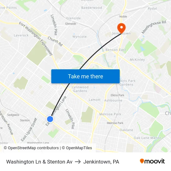 Washington Ln & Stenton Av to Jenkintown, PA map