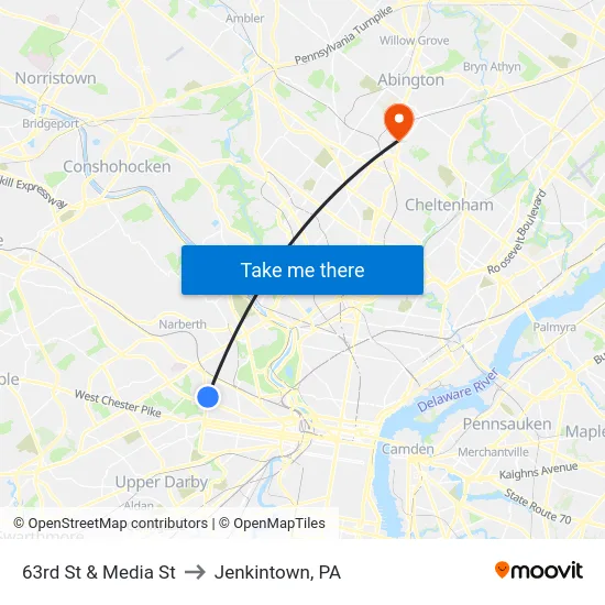 63rd St & Media St to Jenkintown, PA map
