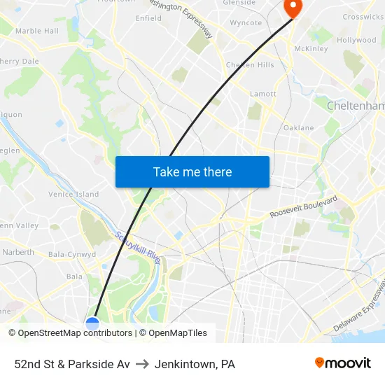 52nd St & Parkside Av to Jenkintown, PA map