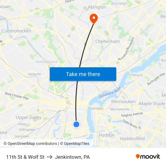 11th St & Wolf St to Jenkintown, PA map