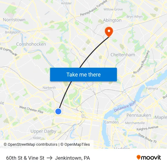 60th St & Vine St to Jenkintown, PA map