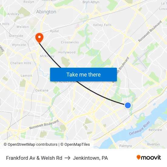 Frankford Av & Welsh Rd to Jenkintown, PA map