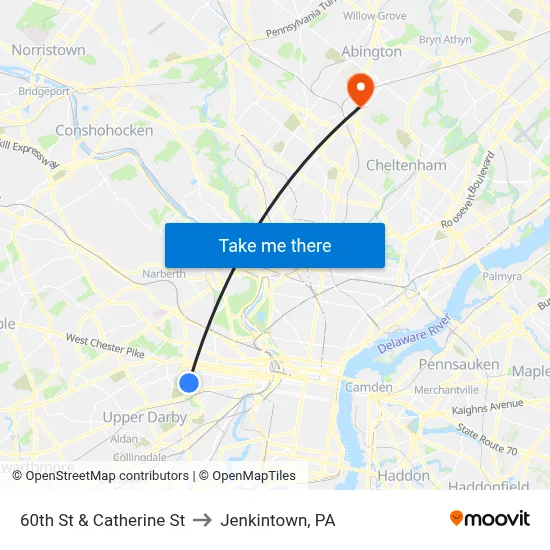 60th St & Catherine St to Jenkintown, PA map