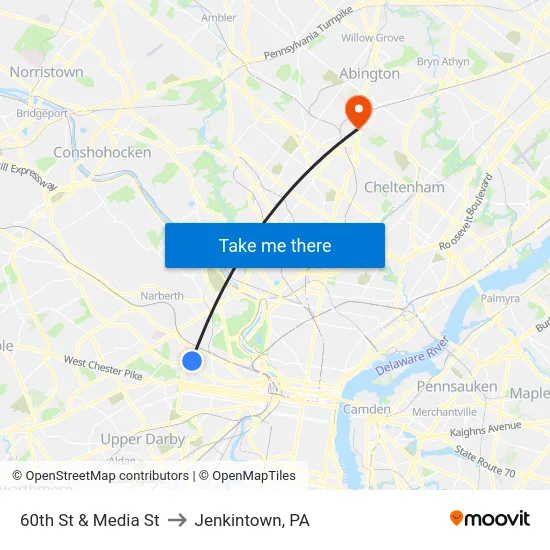 60th St & Media St to Jenkintown, PA map