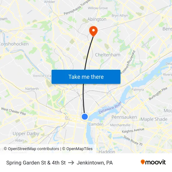 Spring Garden St & 4th St to Jenkintown, PA map