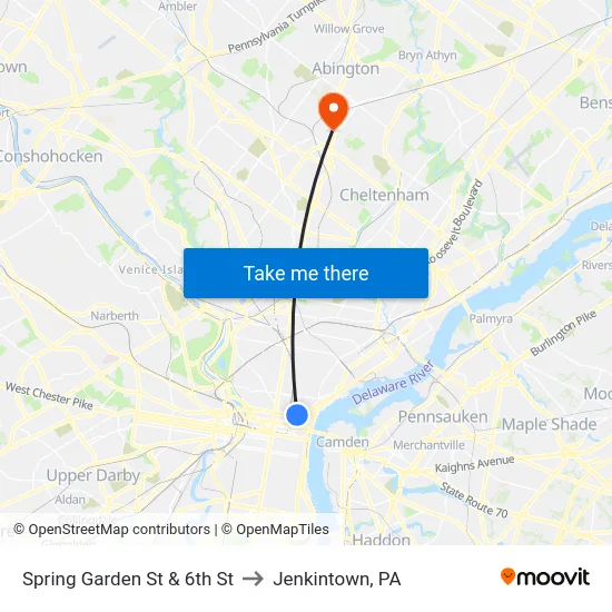 Spring Garden St & 6th St to Jenkintown, PA map