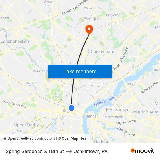 Spring Garden St & 18th St to Jenkintown, PA map