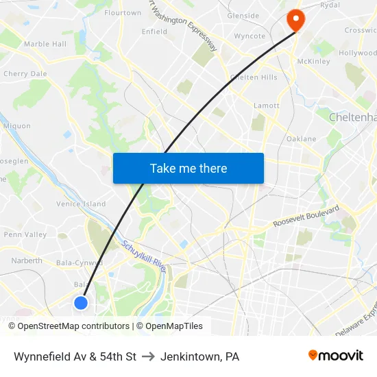 Wynnefield Av & 54th St to Jenkintown, PA map