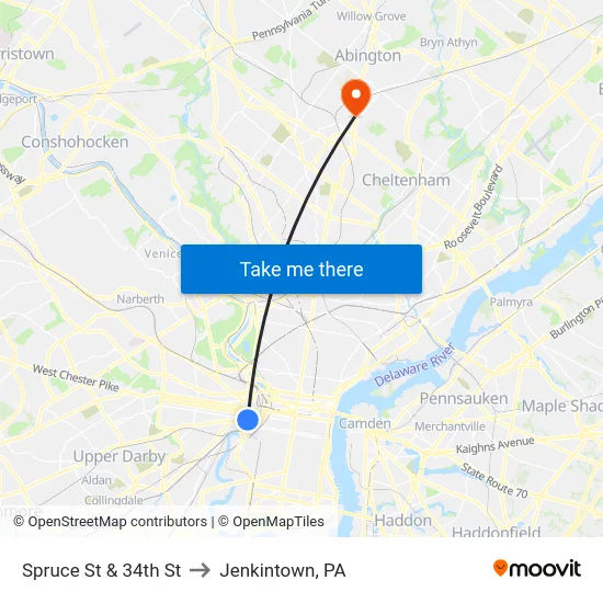 Spruce St & 34th St to Jenkintown, PA map