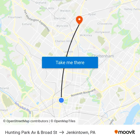 Hunting Park Av & Broad St to Jenkintown, PA map