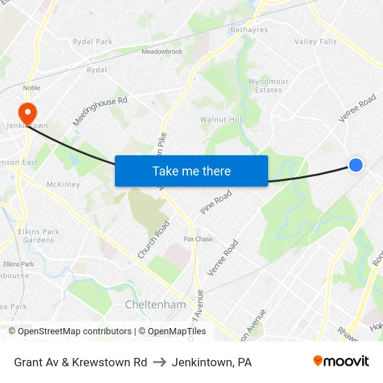Grant Av & Krewstown Rd to Jenkintown, PA map