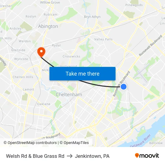Welsh Rd & Blue Grass Rd to Jenkintown, PA map