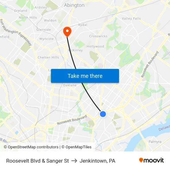 Roosevelt Blvd & Sanger St to Jenkintown, PA map