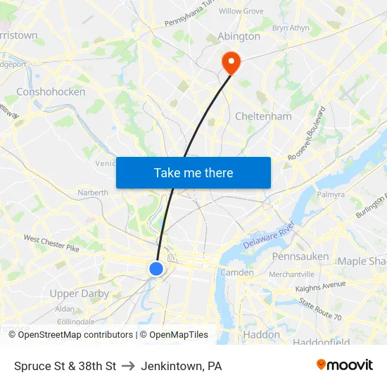 Spruce St & 38th St to Jenkintown, PA map