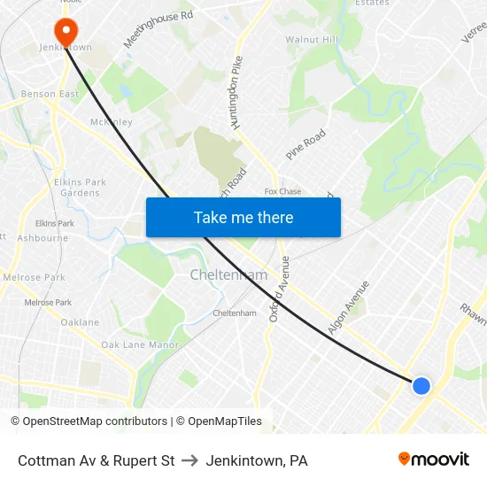 Cottman Av & Rupert St to Jenkintown, PA map