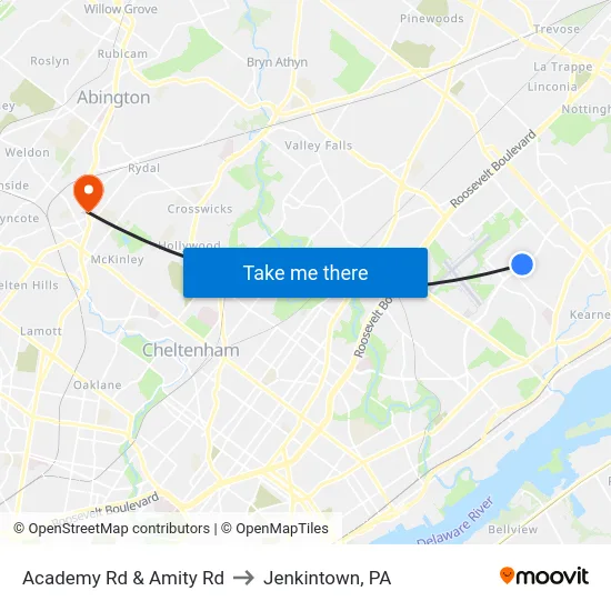 Academy Rd & Amity Rd to Jenkintown, PA map