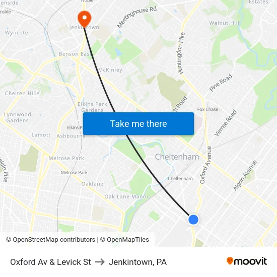 Oxford Av & Levick St to Jenkintown, PA map