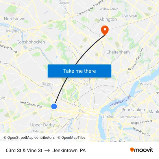 63rd St & Vine St to Jenkintown, PA map