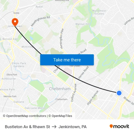 Bustleton Av & Rhawn St to Jenkintown, PA map