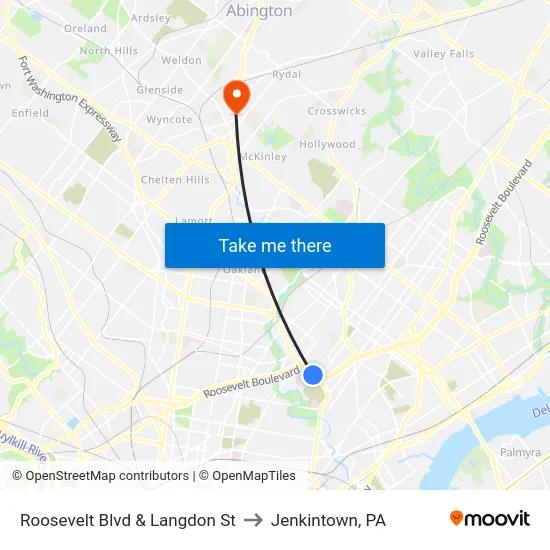 Roosevelt Blvd & Langdon St to Jenkintown, PA map