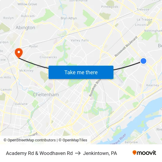 Academy Rd & Woodhaven Rd to Jenkintown, PA map
