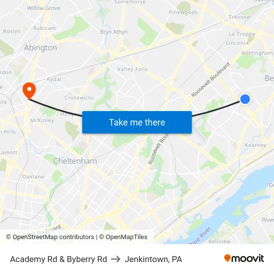 Academy Rd & Byberry Rd to Jenkintown, PA map