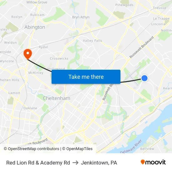 Red Lion Rd & Academy Rd to Jenkintown, PA map