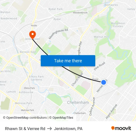 Rhawn St & Verree Rd to Jenkintown, PA map
