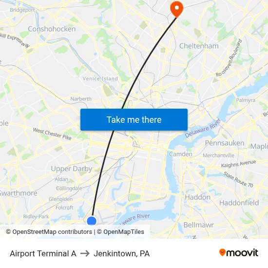 Airport Terminal A to Jenkintown, PA map