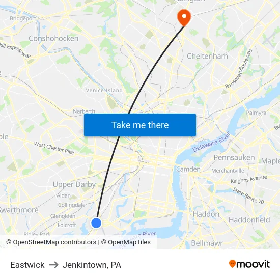 Eastwick to Jenkintown, PA map