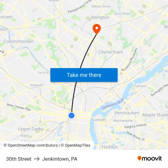 30th Street to Jenkintown, PA map