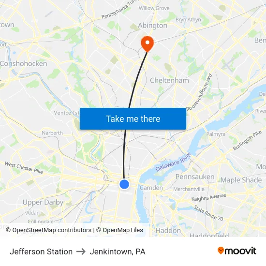 Jefferson Station to Jenkintown, PA map