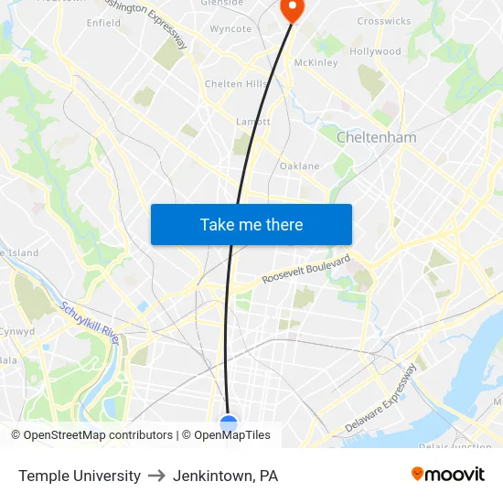 Temple University to Jenkintown, PA map