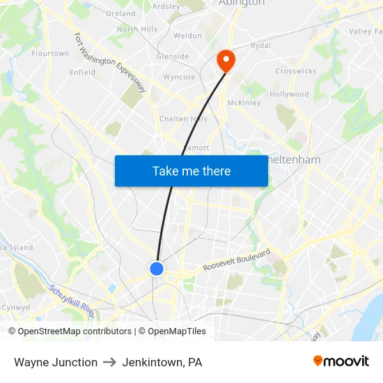 Wayne Junction to Jenkintown, PA map