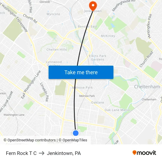 Fern Rock T C to Jenkintown, PA map