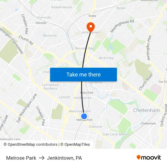 Melrose Park to Jenkintown, PA map