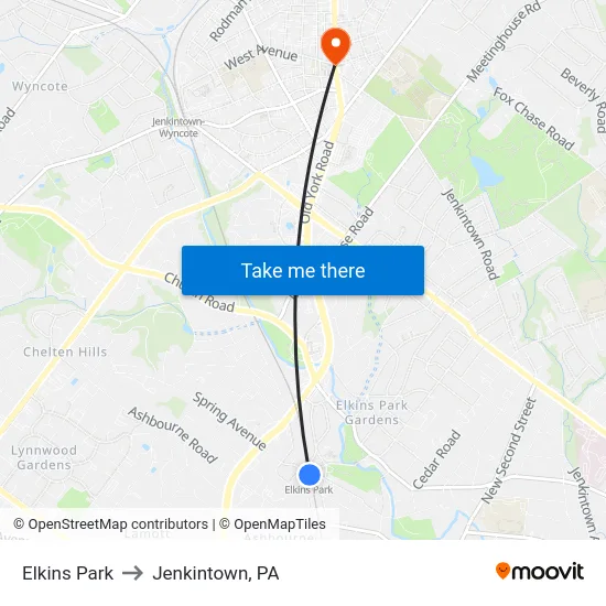 Elkins Park to Jenkintown, PA map