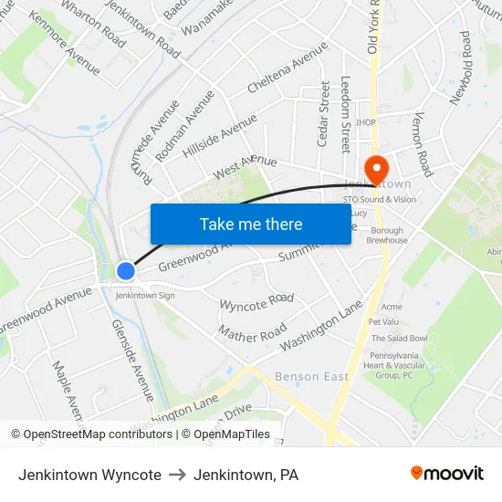 Jenkintown Wyncote to Jenkintown, PA map